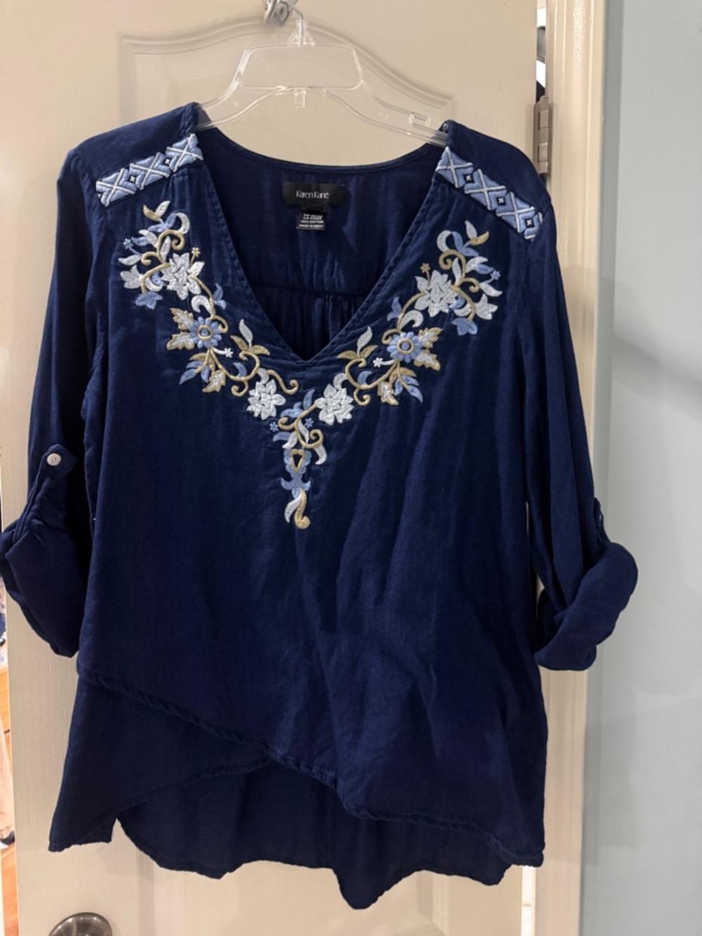 Karen Kane Navy Blue V-Neck Embroidered Tunic